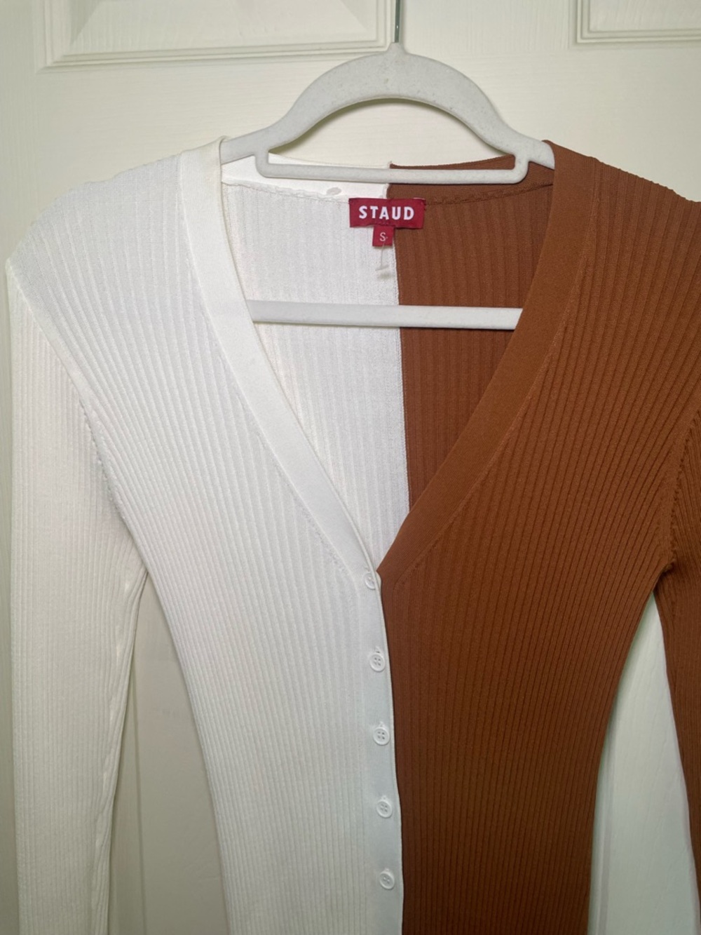 STAUD Two-Tone Ribbed Button-Front Midi Dress/Cardigan - White & Brown